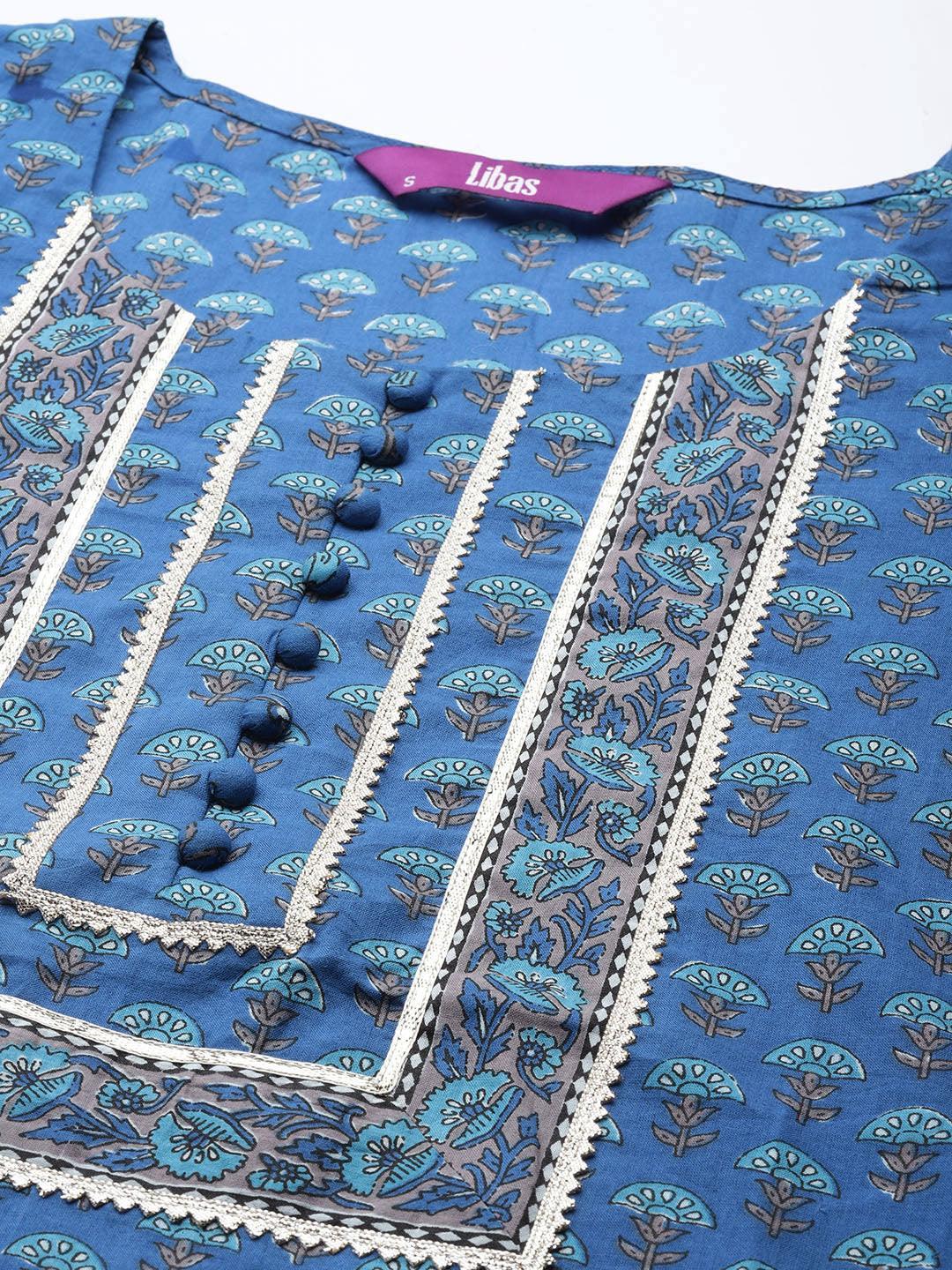 Blue Yoke Design Cotton Straight Suit Set