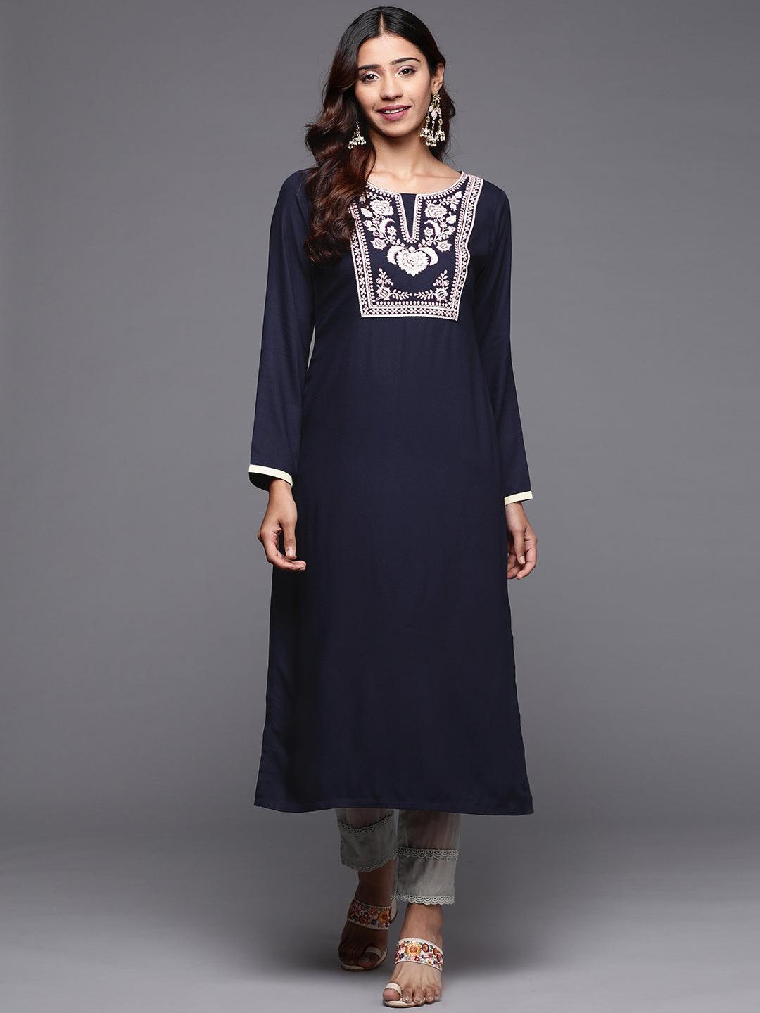 Blue Yoke Design Pashmina Wool Straight Kurta