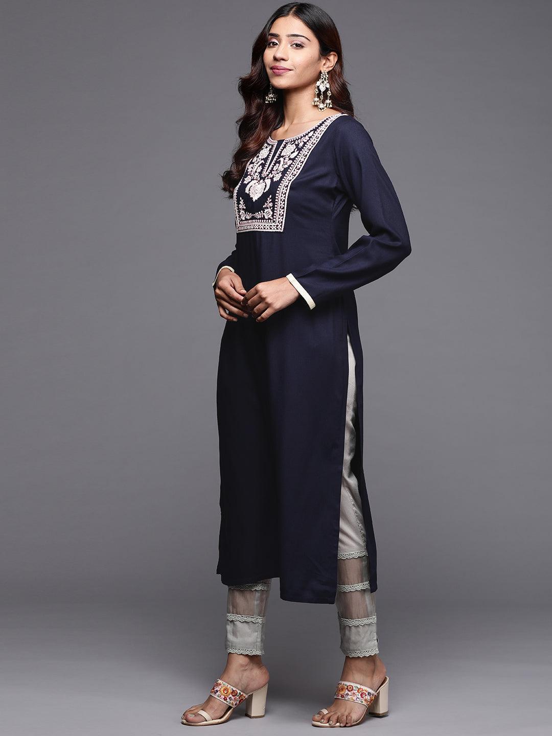 Blue Yoke Design Pashmina Wool Straight Kurta