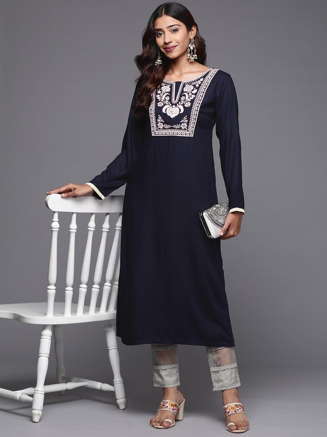 Blue Yoke Design Pashmina Wool Straight Kurta