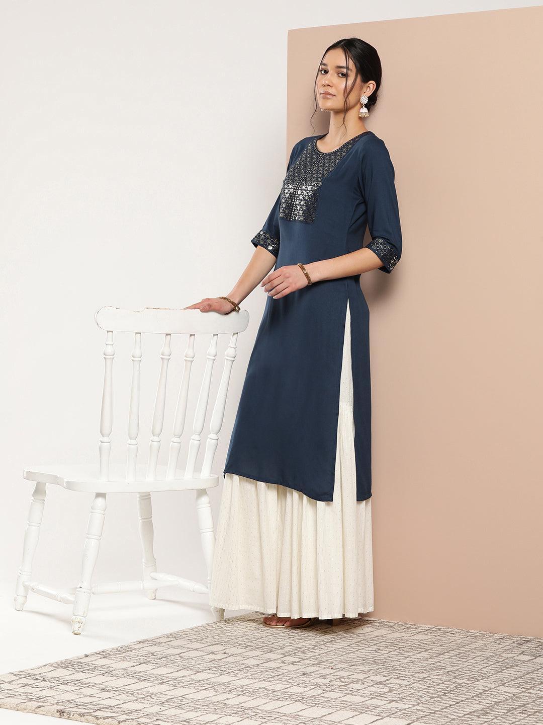 Blue Yoke Design Rayon Straight Kurta - Libas