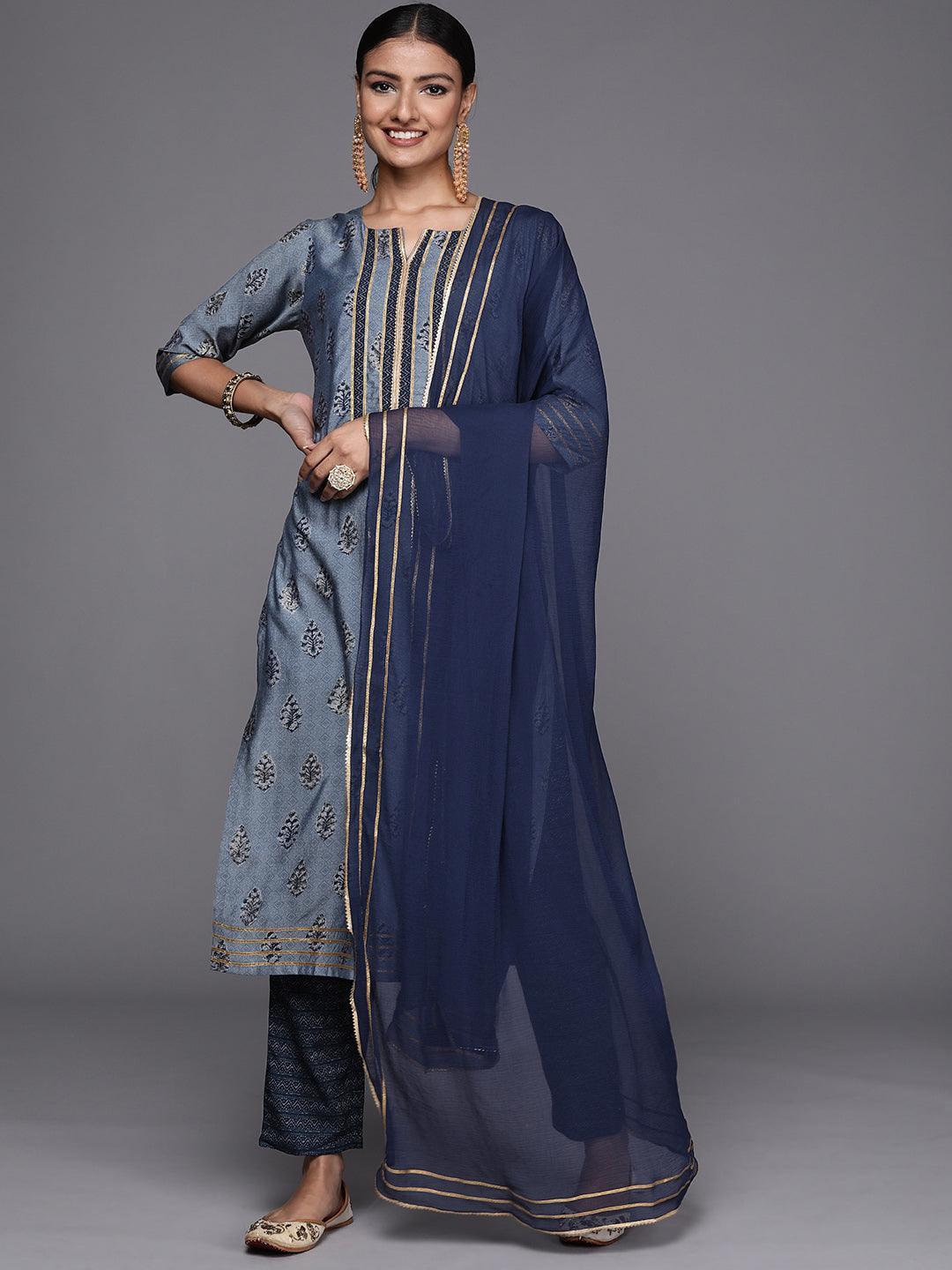 Blue Yoke Design Silk Blend Straight Suit Set