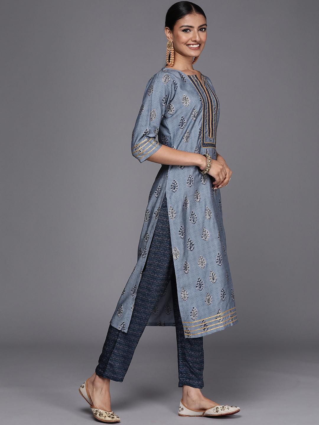 Blue Yoke Design Silk Blend Straight Suit Set