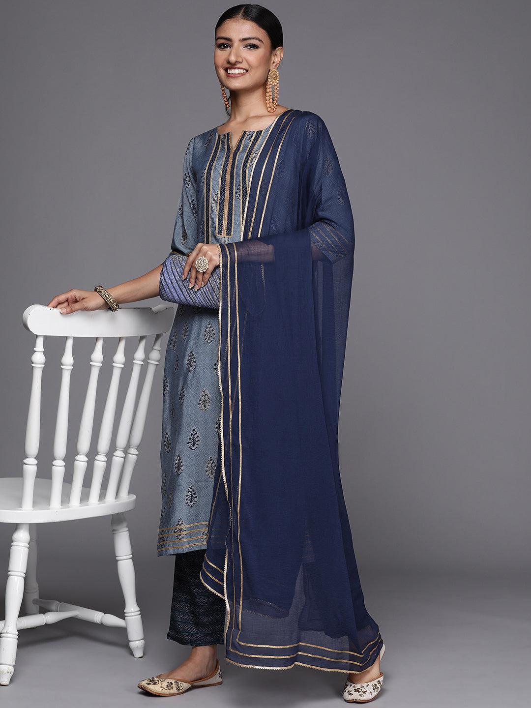 Blue Yoke Design Silk Blend Straight Suit Set