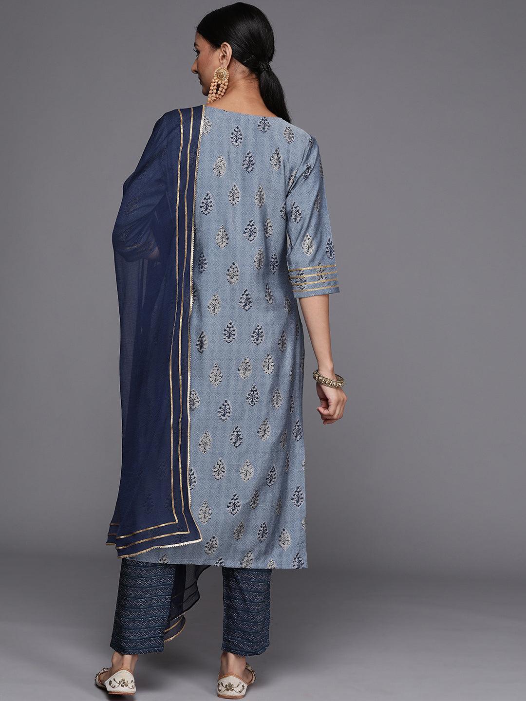 Blue Yoke Design Silk Blend Straight Suit Set