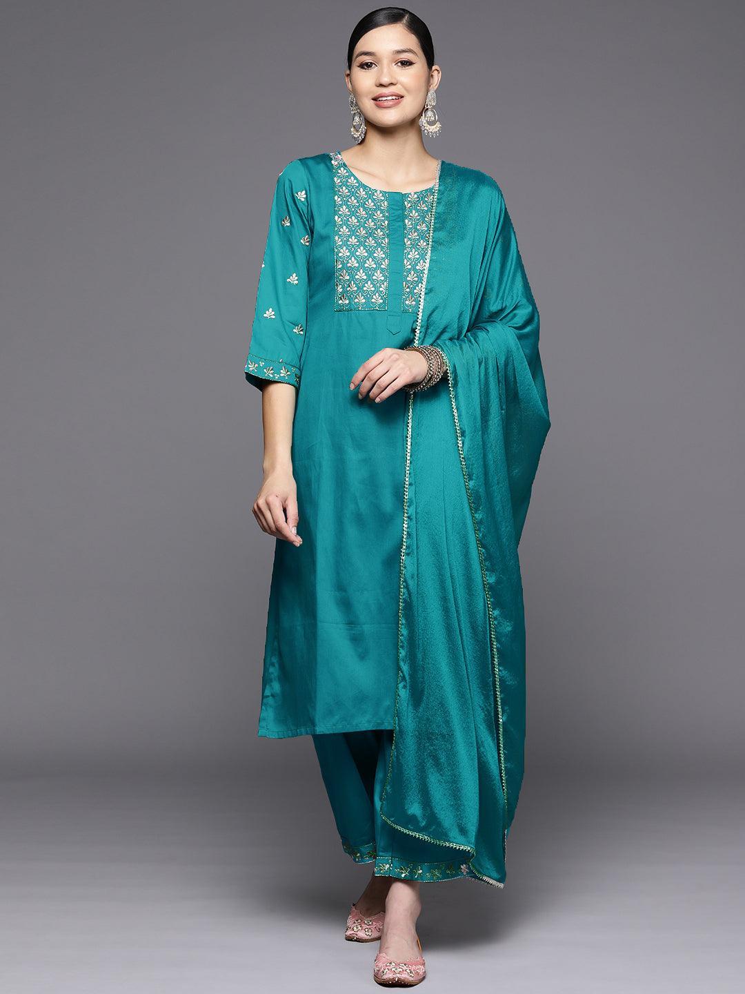 Blue Yoke Design Silk Blend Straight Kurta With Palazzos & Dupatta