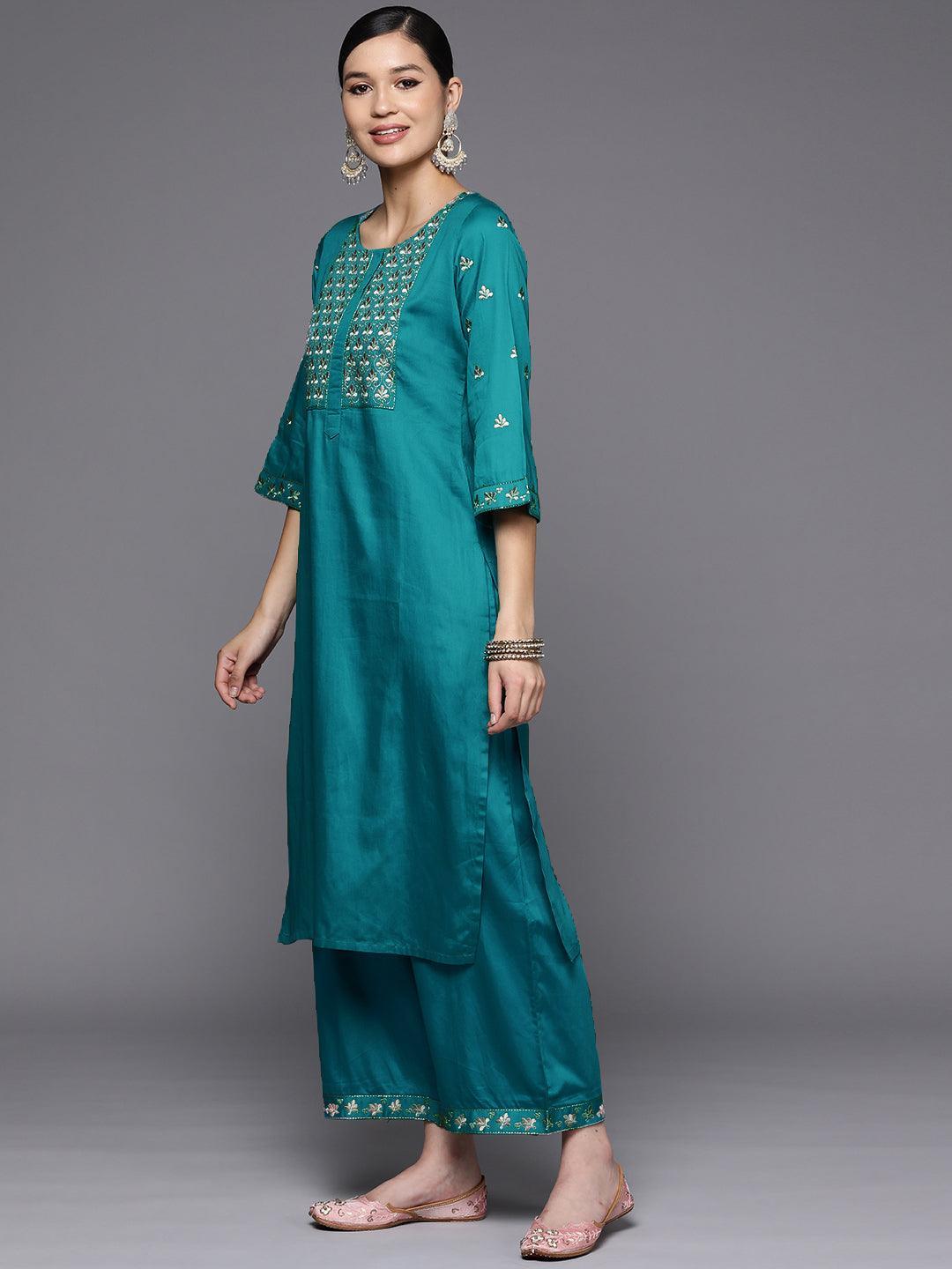 Blue Yoke Design Silk Blend Straight Kurta With Palazzos & Dupatta