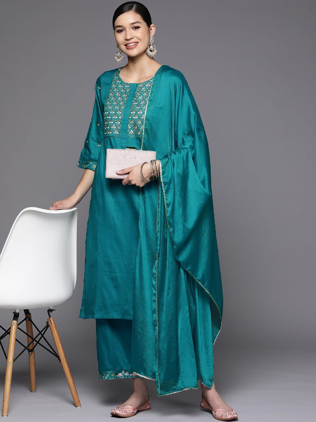 Blue Yoke Design Silk Blend Straight Kurta With Palazzos & Dupatta