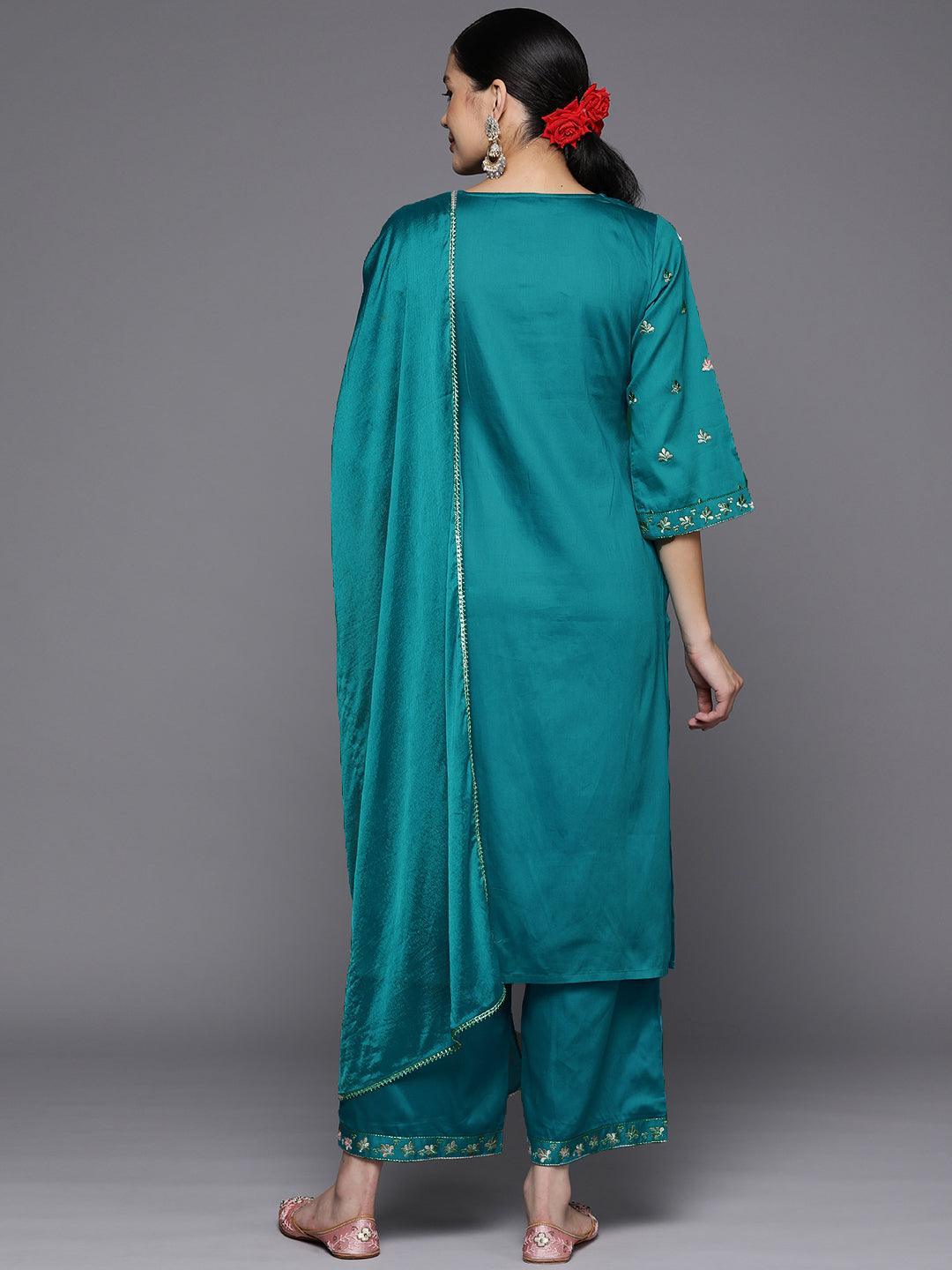 Blue Yoke Design Silk Blend Straight Kurta With Palazzos & Dupatta