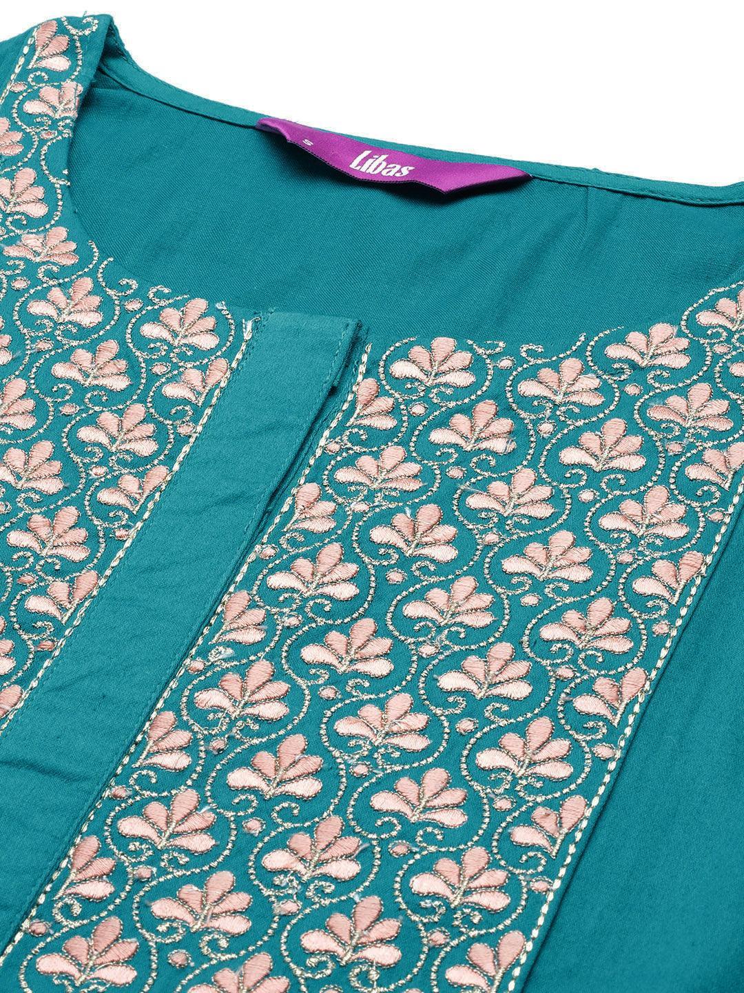 Blue Yoke Design Silk Blend Straight Kurta With Palazzos & Dupatta