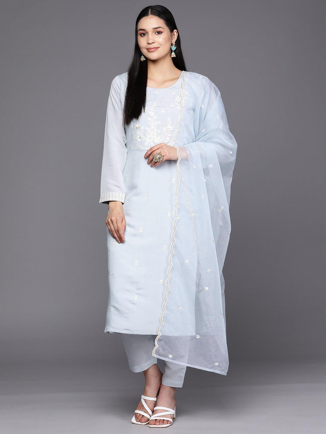 Blue Yoke Design Silk Blend Straight Suit Set With Trousers - ShopLibas