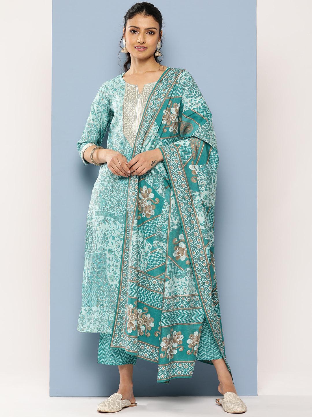 Blue Yoke Design Silk Blend Straight Kurta With Trousers & Dupatta