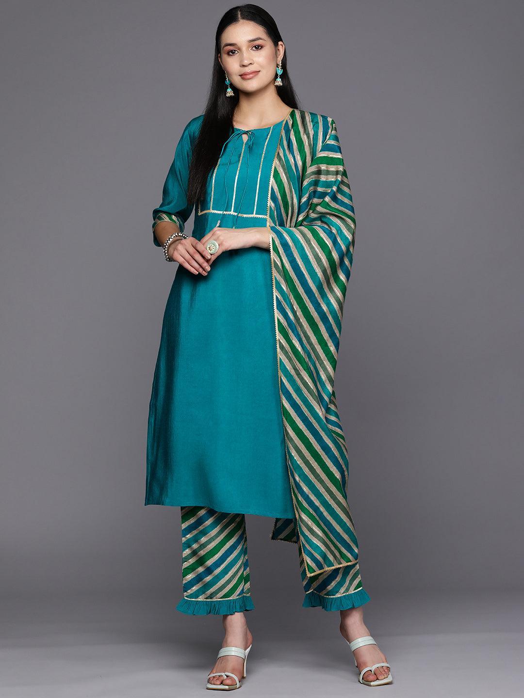 Blue Yoke Design Silk Blend Straight Suit Set With Trousers