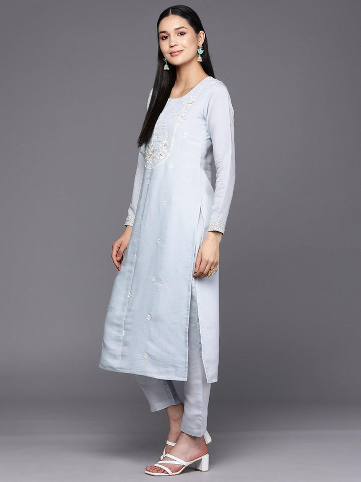 Blue Yoke Design Silk Blend Straight Suit Set With Trousers - ShopLibas