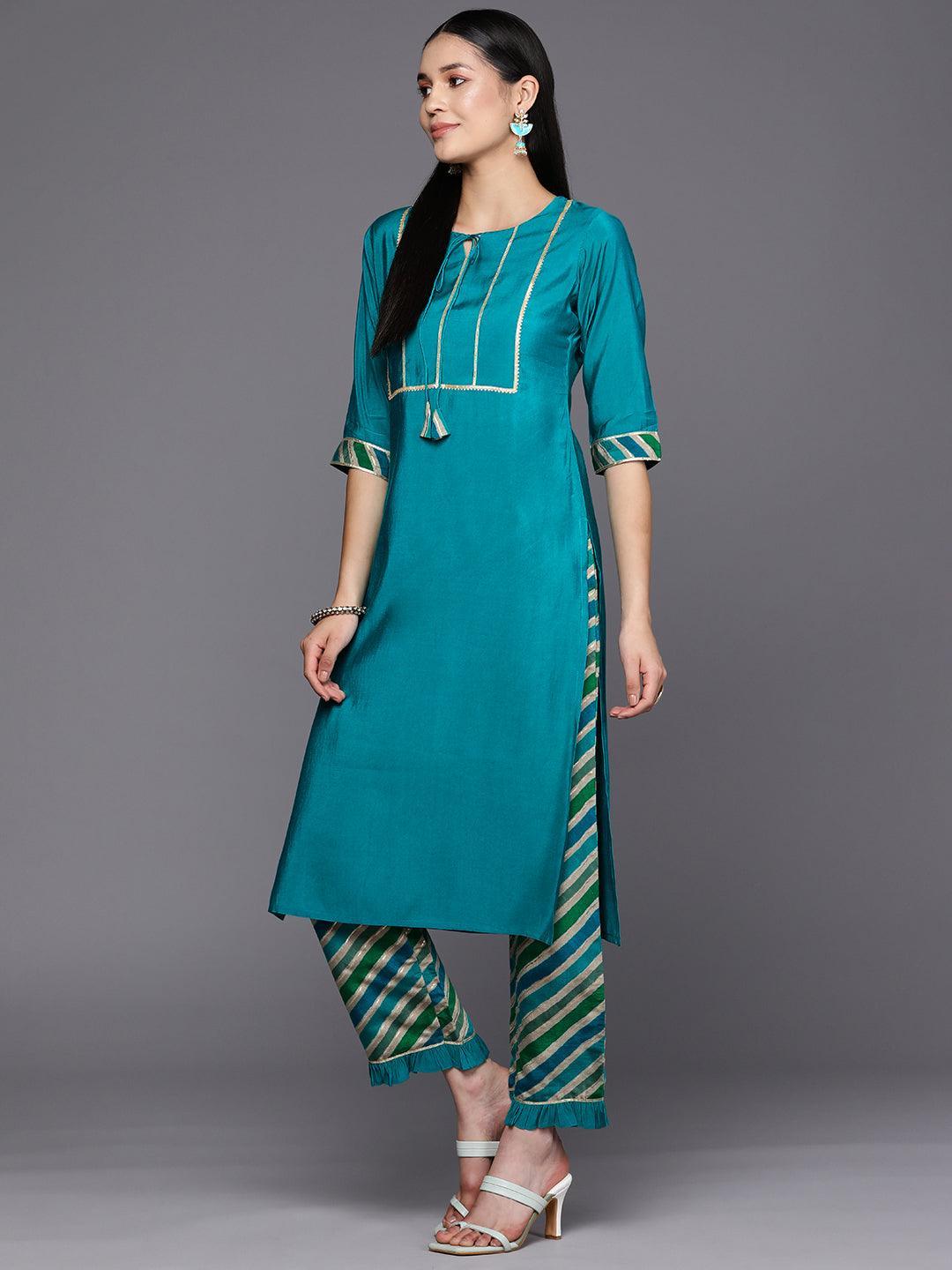 Blue Yoke Design Silk Blend Straight Suit Set With Trousers