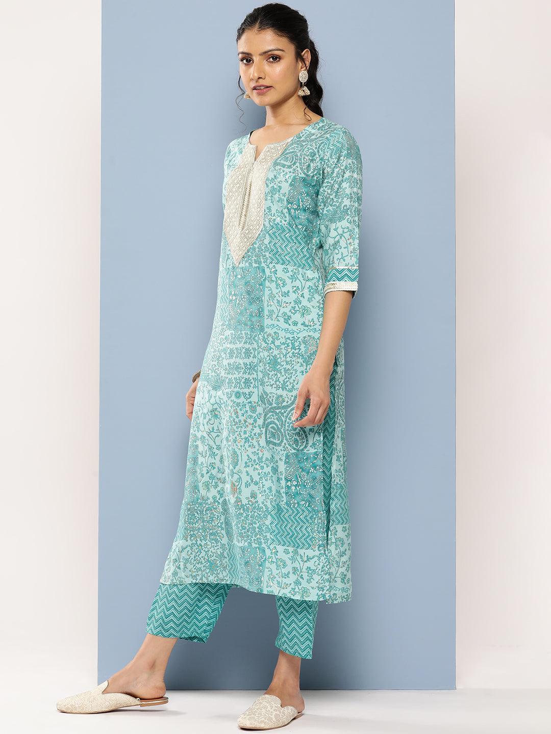 Blue Yoke Design Silk Blend Straight Kurta With Trousers & Dupatta