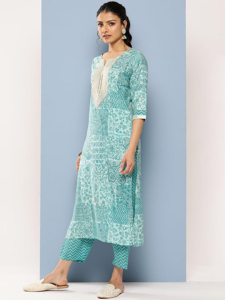 Blue Yoke Design Silk Blend Straight Suit Set With Trousers - Libas