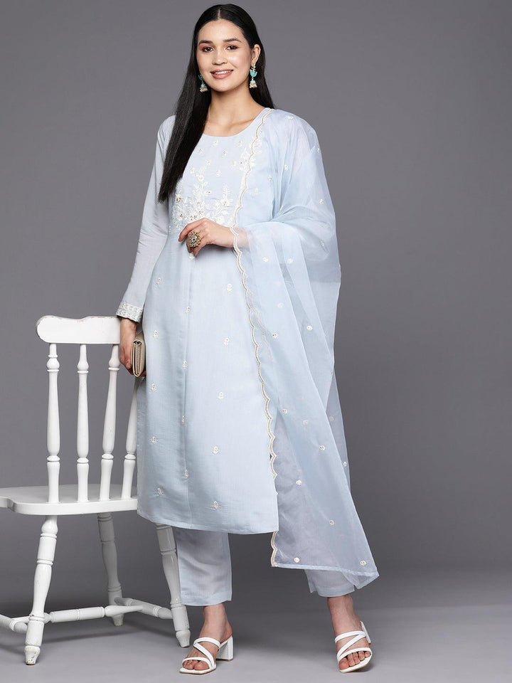 Blue Yoke Design Silk Blend Straight Suit Set With Trousers - ShopLibas