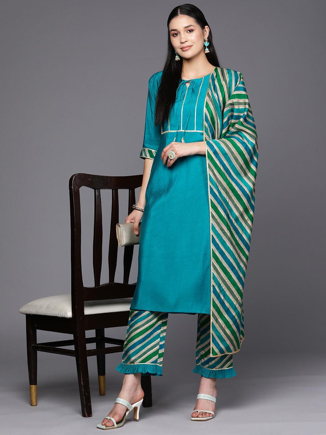 Blue Yoke Design Silk Blend Straight Suit Set With Trousers