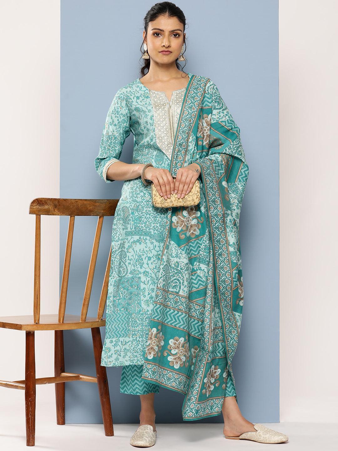 Blue Yoke Design Silk Blend Straight Kurta With Trousers & Dupatta