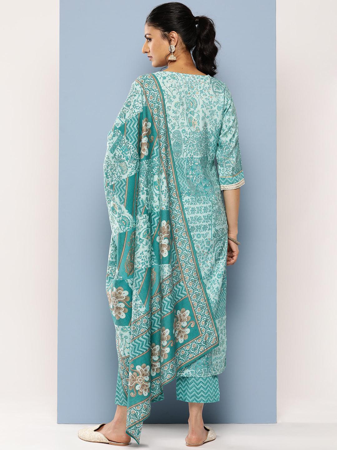 Blue Yoke Design Silk Blend Straight Kurta With Trousers & Dupatta