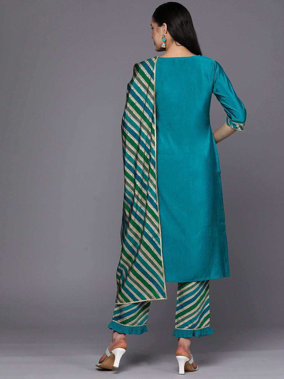 Blue Yoke Design Silk Blend Straight Suit Set With Trousers