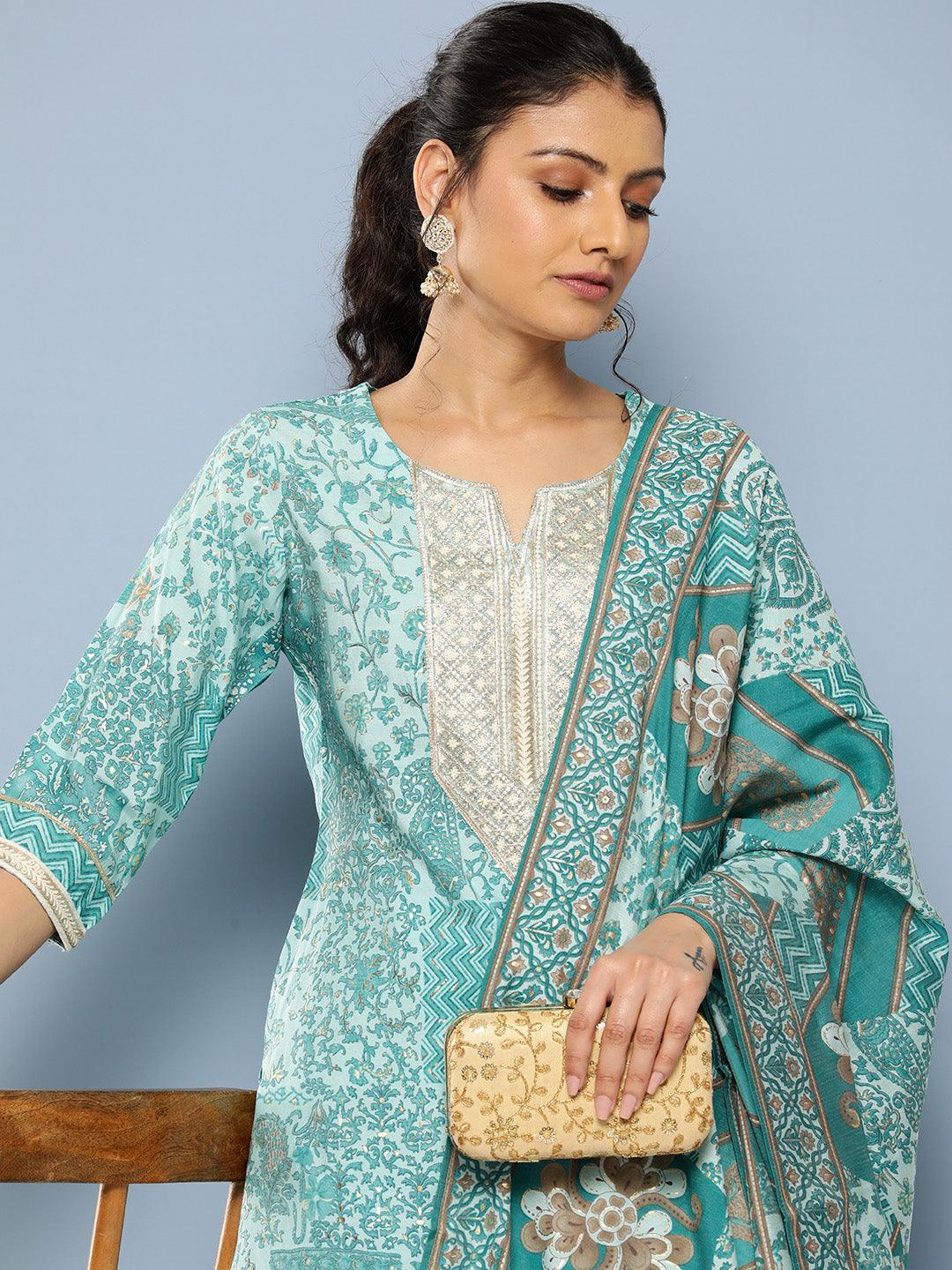 Blue Yoke Design Silk Blend Straight Kurta With Trousers & Dupatta