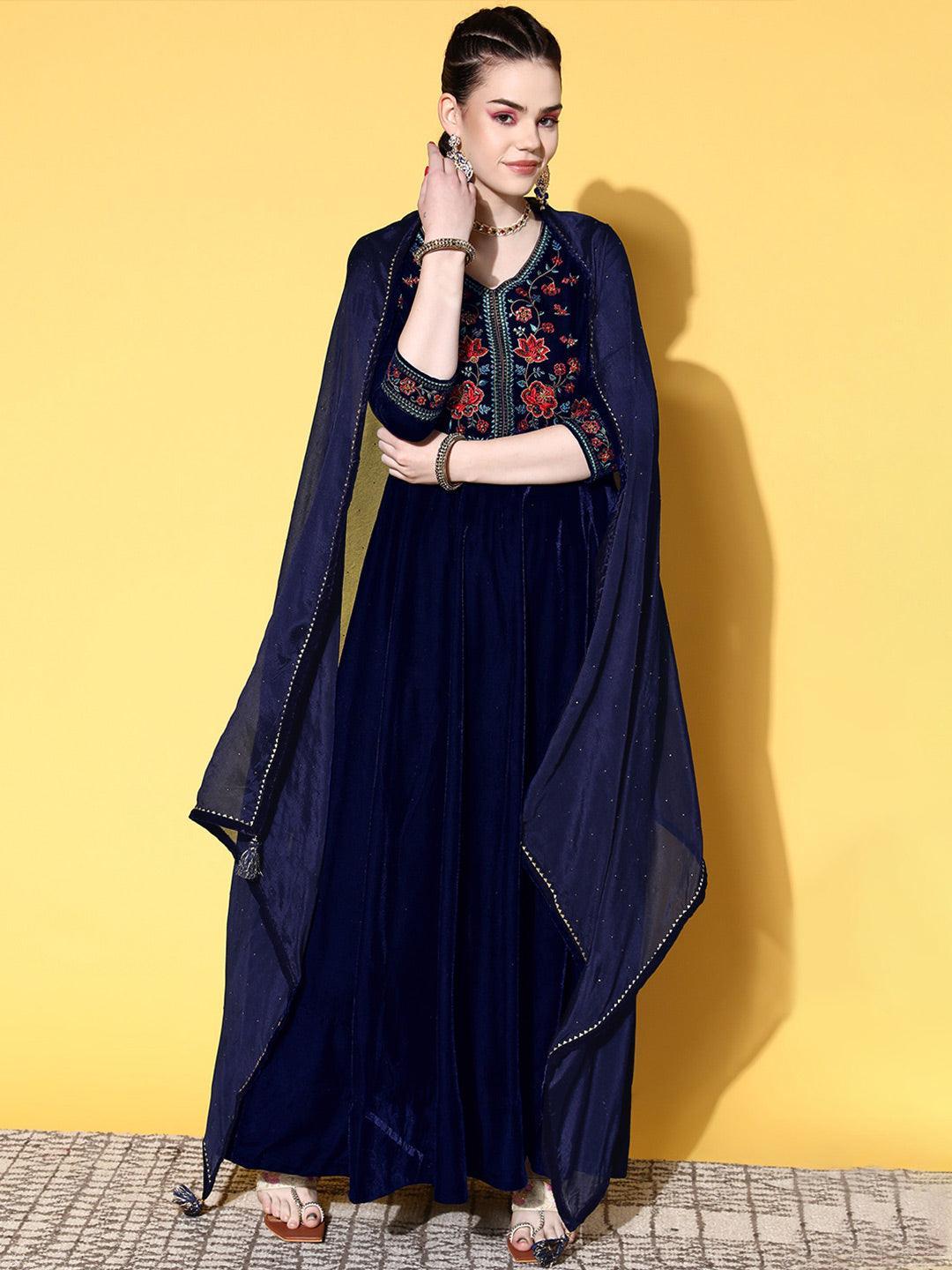 Blue Yoke Design Velvet Anarkali Suit Set