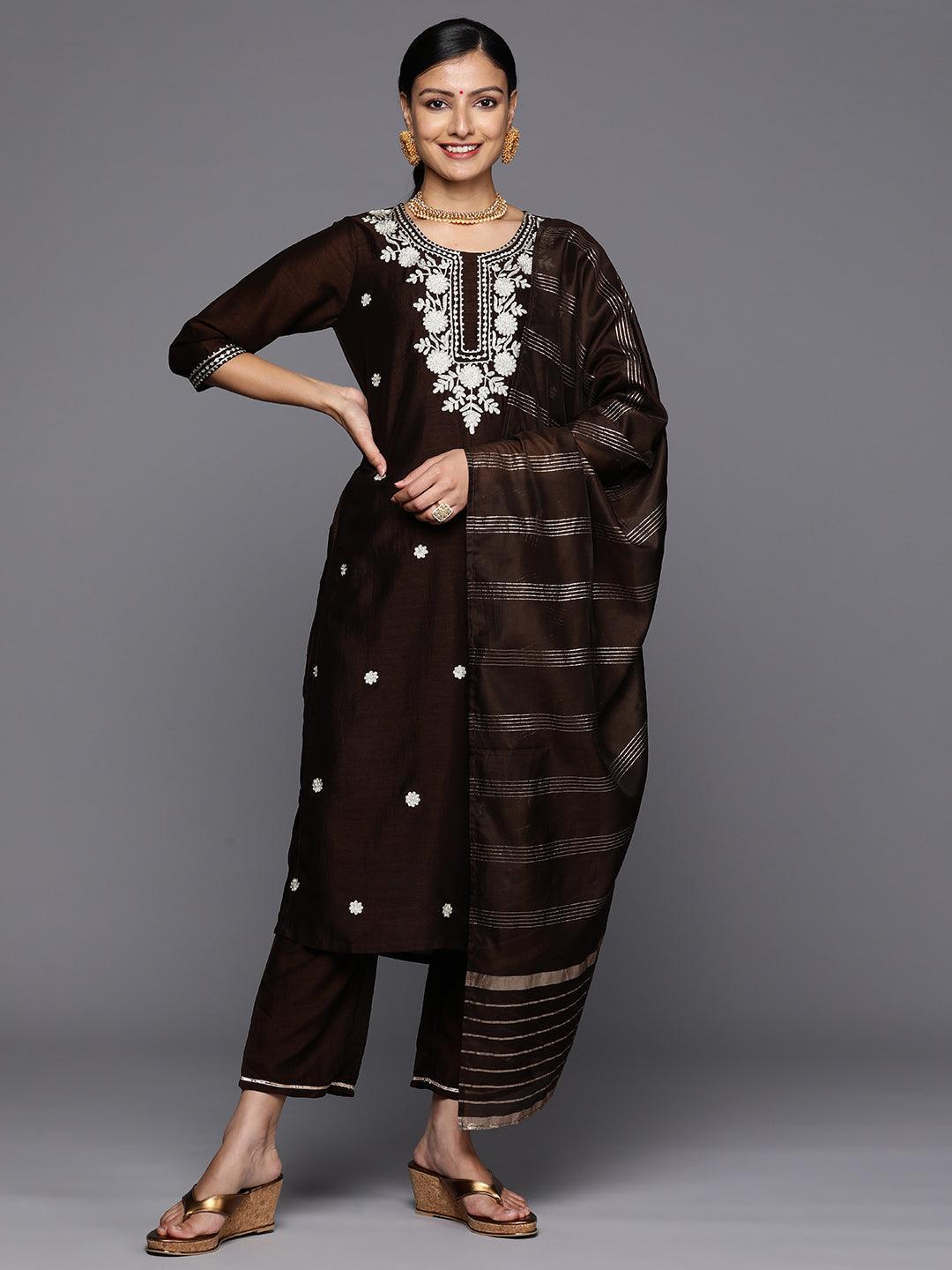 Brown Embroidered Silk Blend Straight Kurta With Trousers & Dupatta - Libas