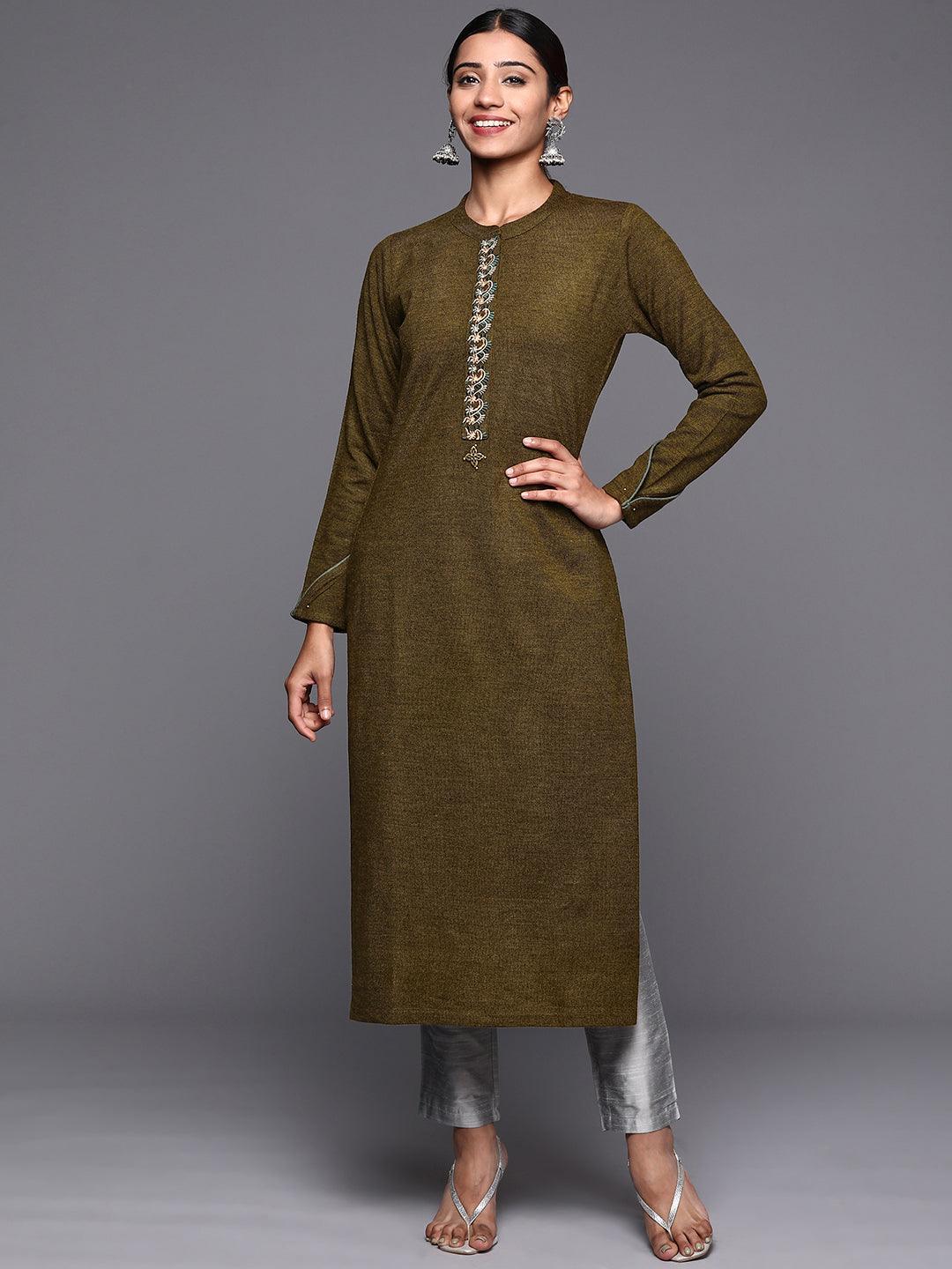 Brown Embroidered Wool Straight Kurta