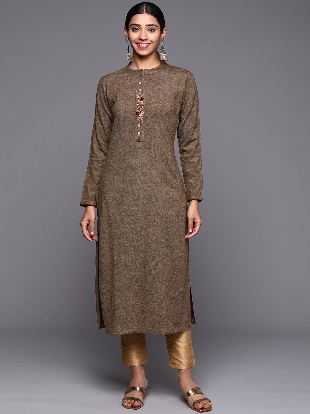 Brown Embroidered Wool Straight Kurta