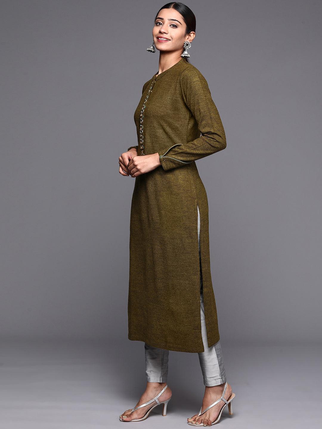 Brown Embroidered Wool Straight Kurta