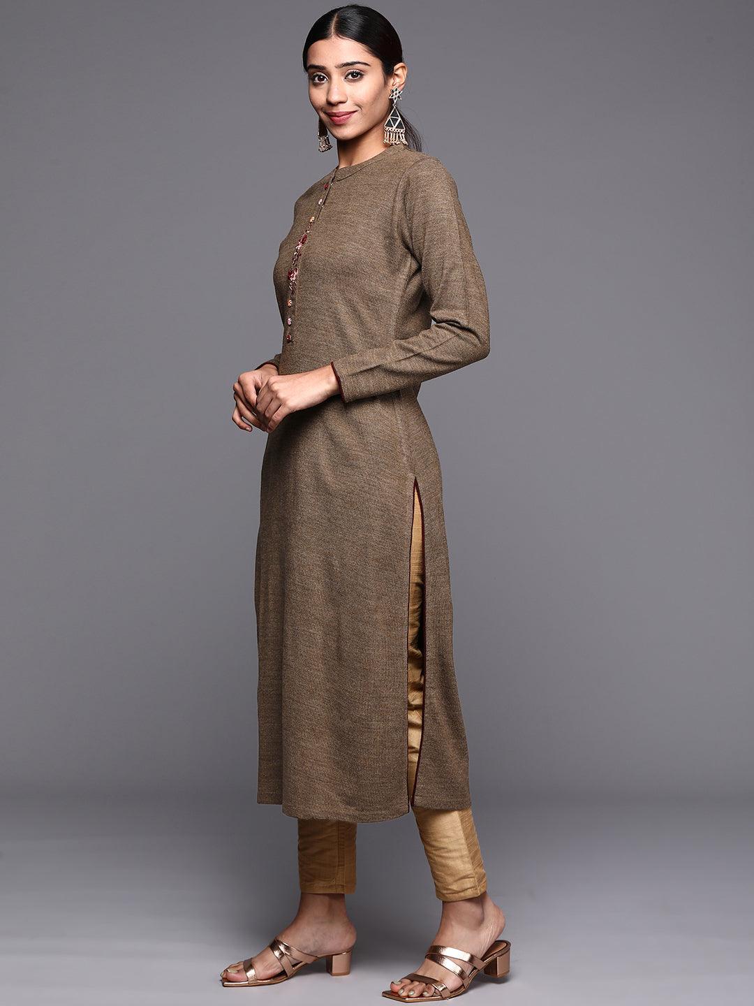 Brown Embroidered Wool Straight Kurta