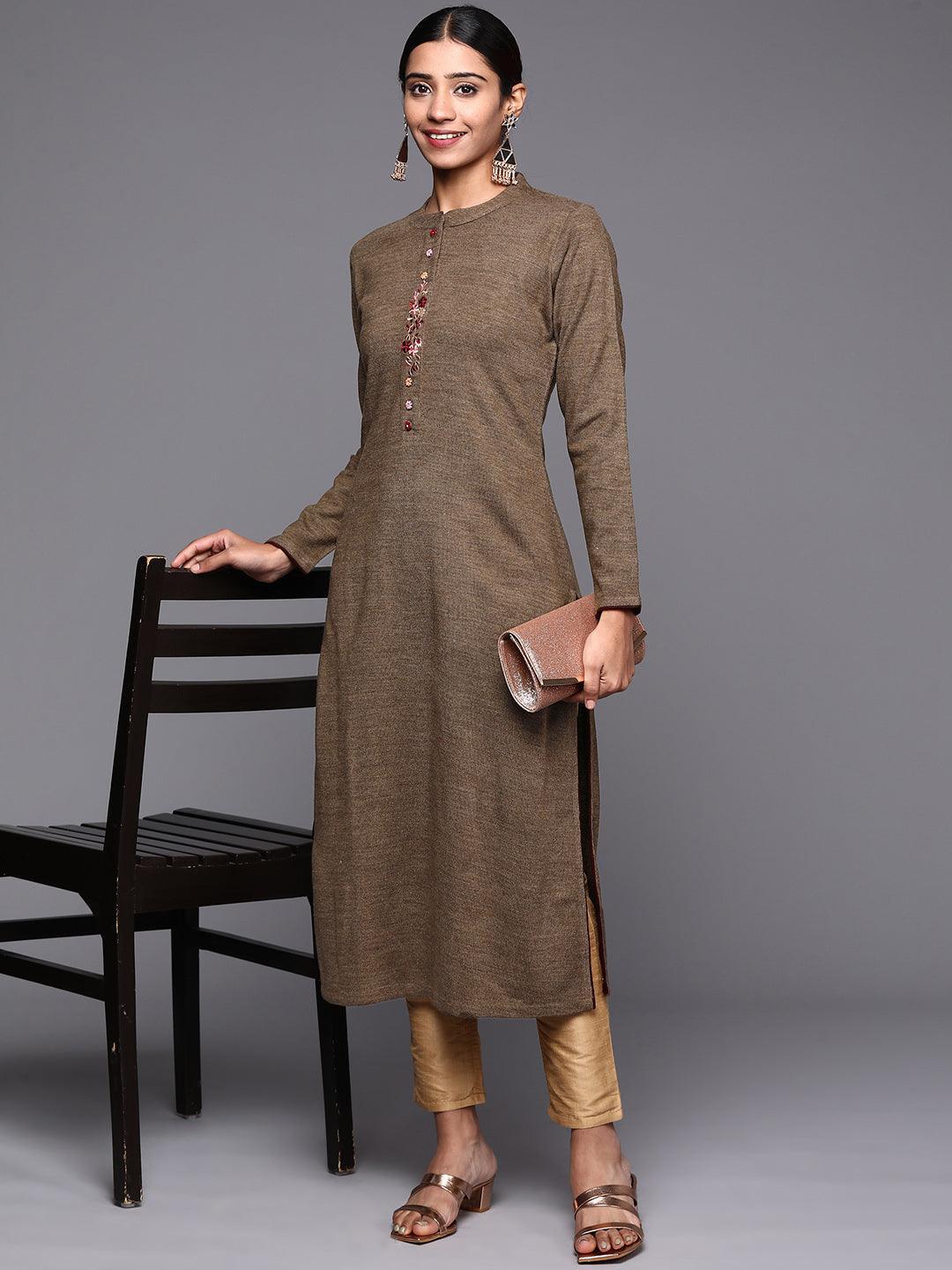 Brown Embroidered Wool Straight Kurta