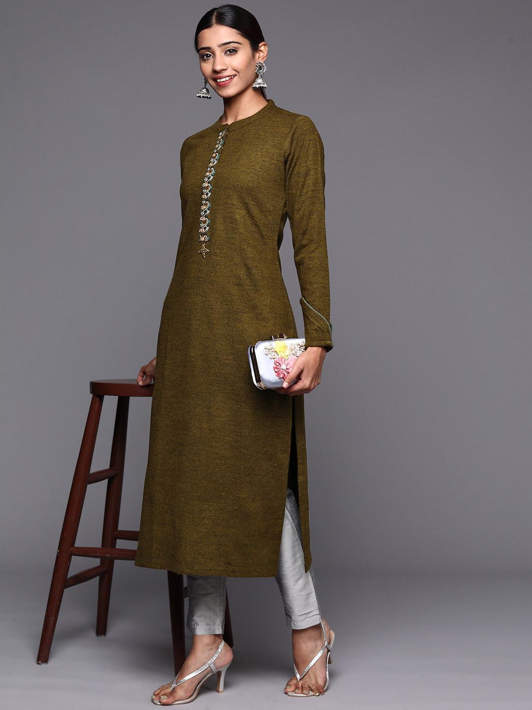 Brown Embroidered Wool Straight Kurta