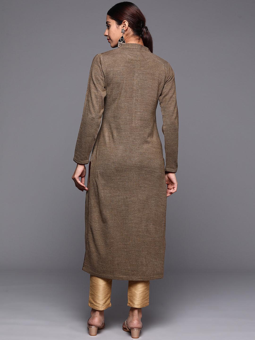 Brown Embroidered Wool Straight Kurta