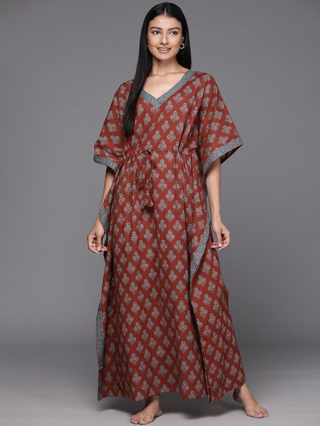 Brown Printed Cotton Night Dress