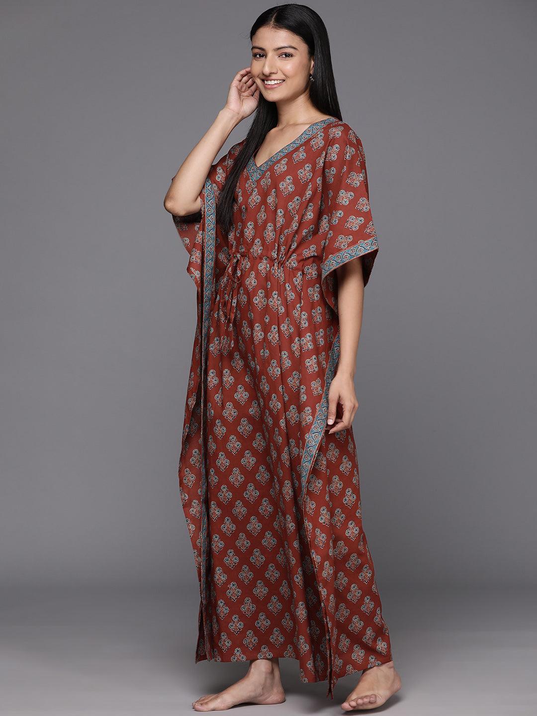 Brown Printed Cotton Night Dress