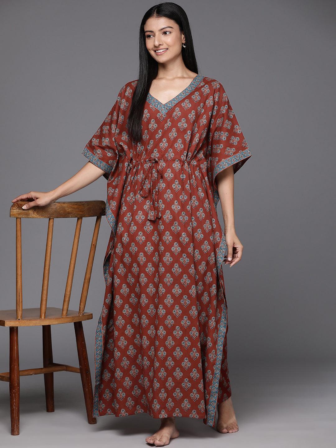 Brown Printed Cotton Night Dress