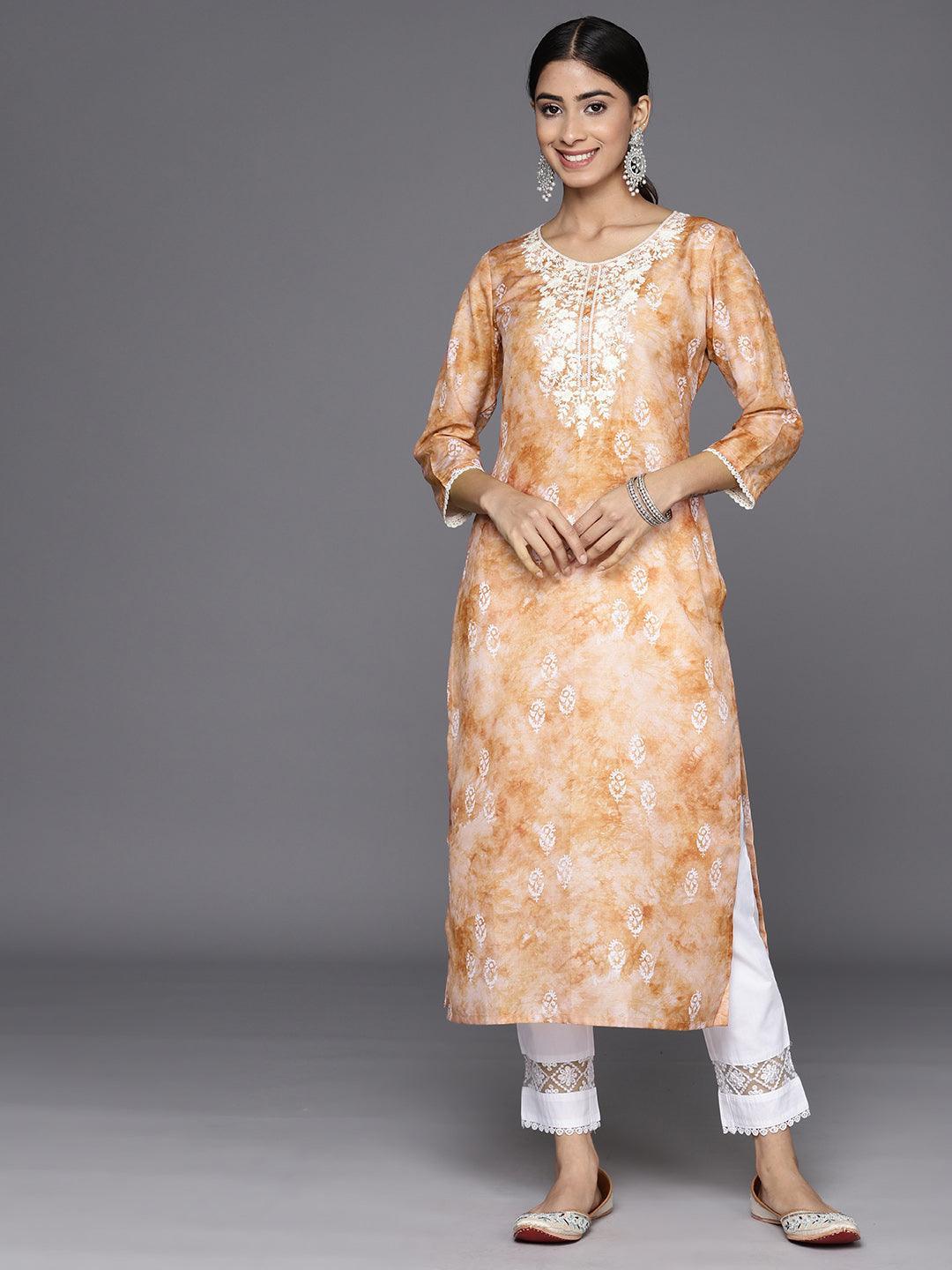 Brown Printed Cotton Straight Kurta - Libas