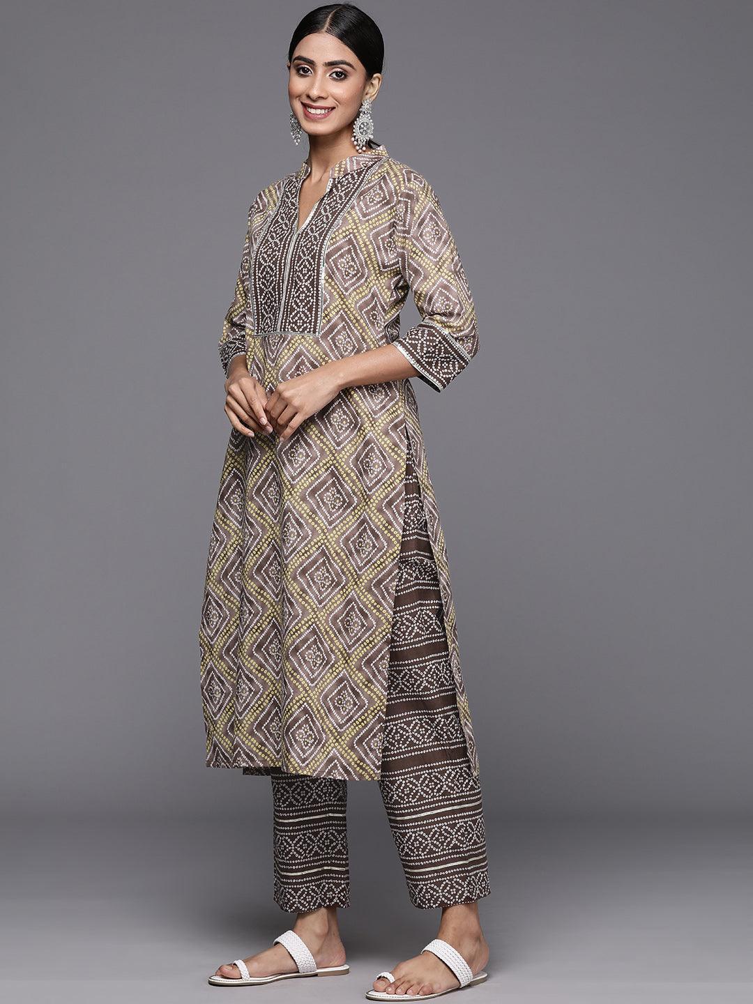 Brown Printed Cotton Straight Kurta With Trousers & Dupatta