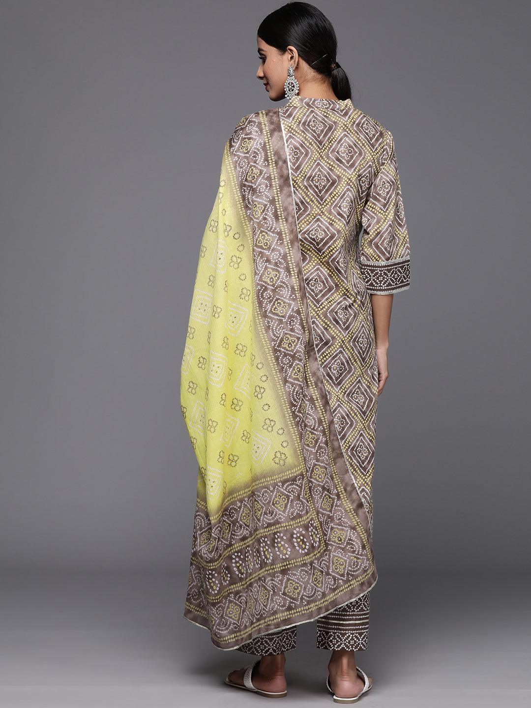 Brown Printed Cotton Straight Kurta With Trousers & Dupatta