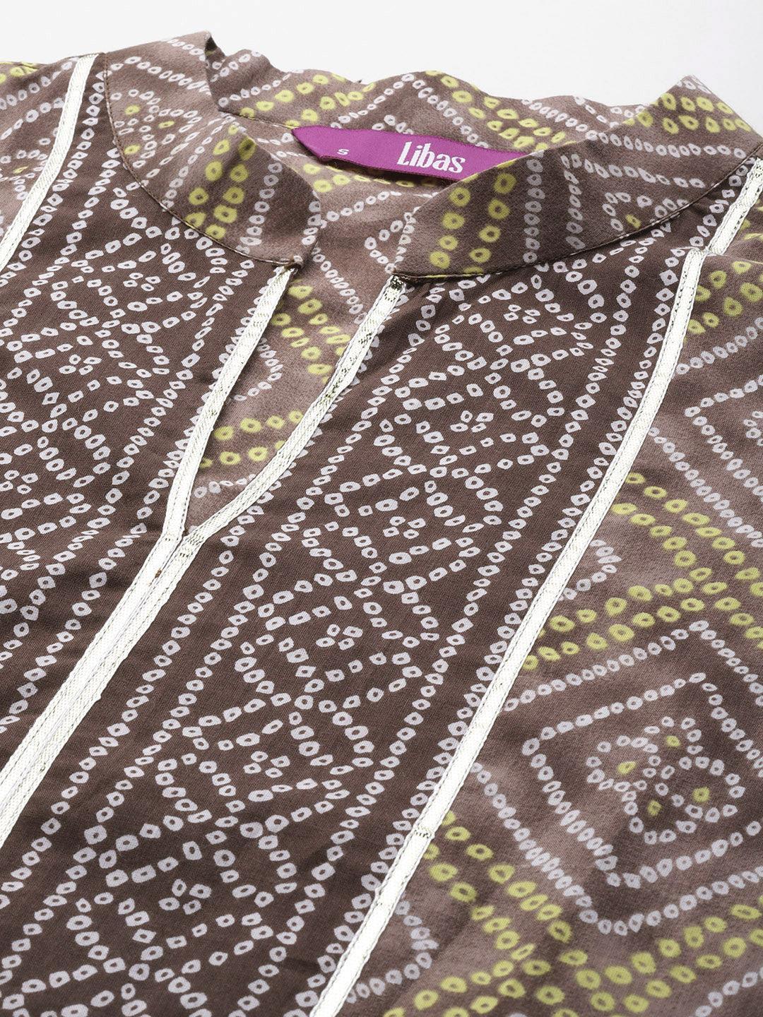 Brown Printed Cotton Straight Kurta With Trousers & Dupatta