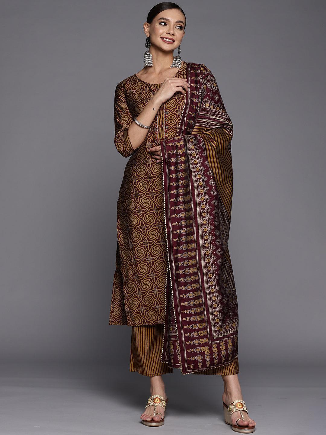 Brown Printed Silk Blend Straight Suit Set