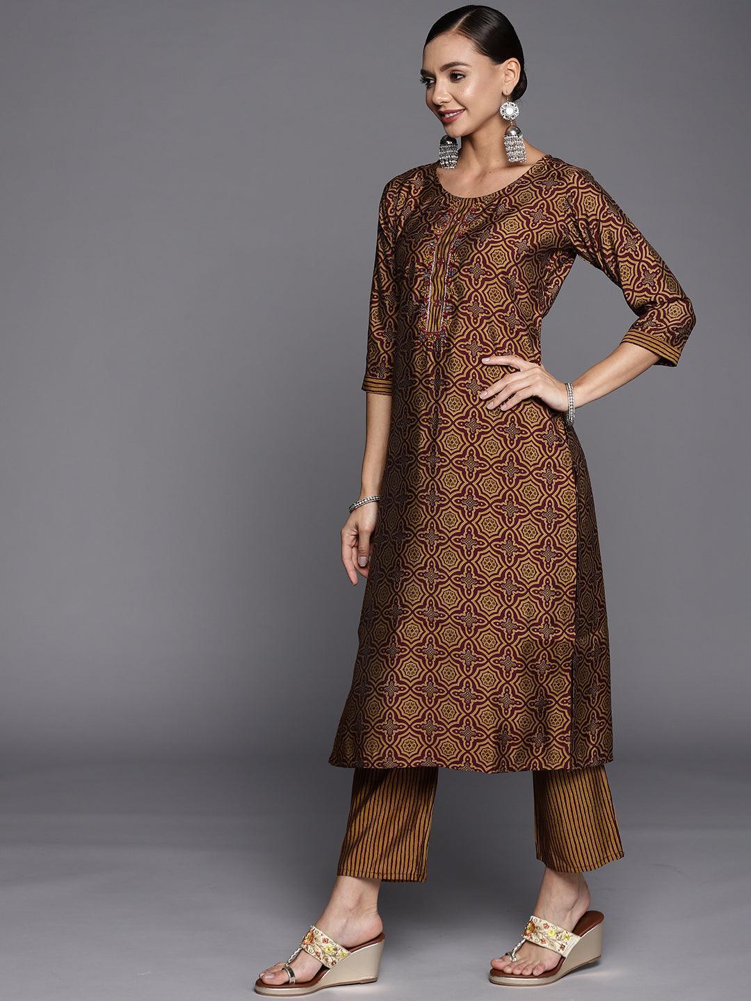 Brown Printed Silk Blend Straight Suit Set