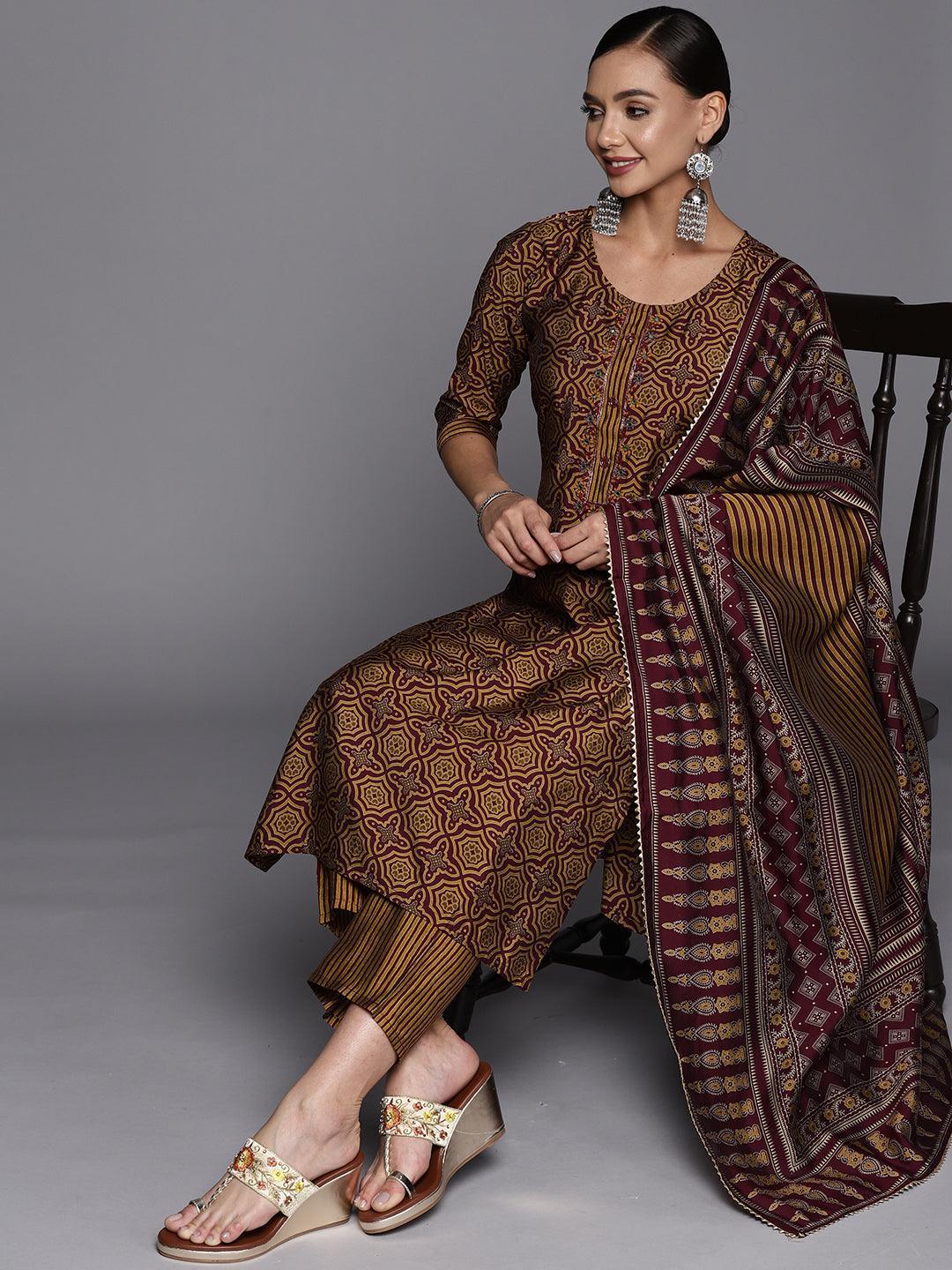 Brown Printed Silk Blend Straight Suit Set