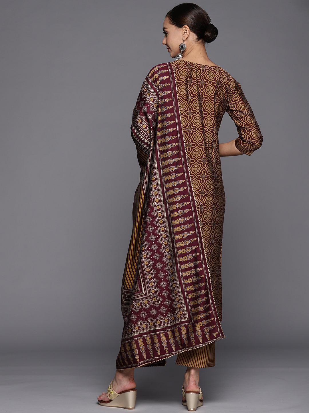 Brown Printed Silk Blend Straight Suit Set