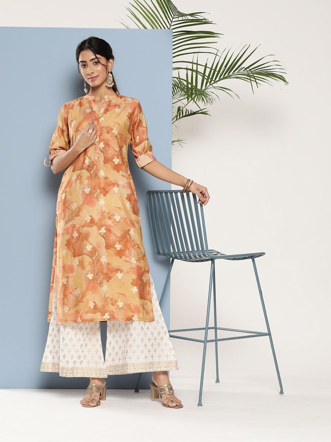 Brown Printed Silk Straight Kurta