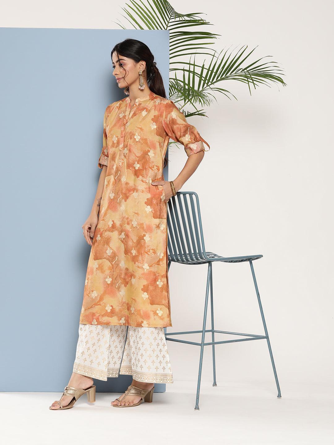 Brown Printed Silk Straight Kurta