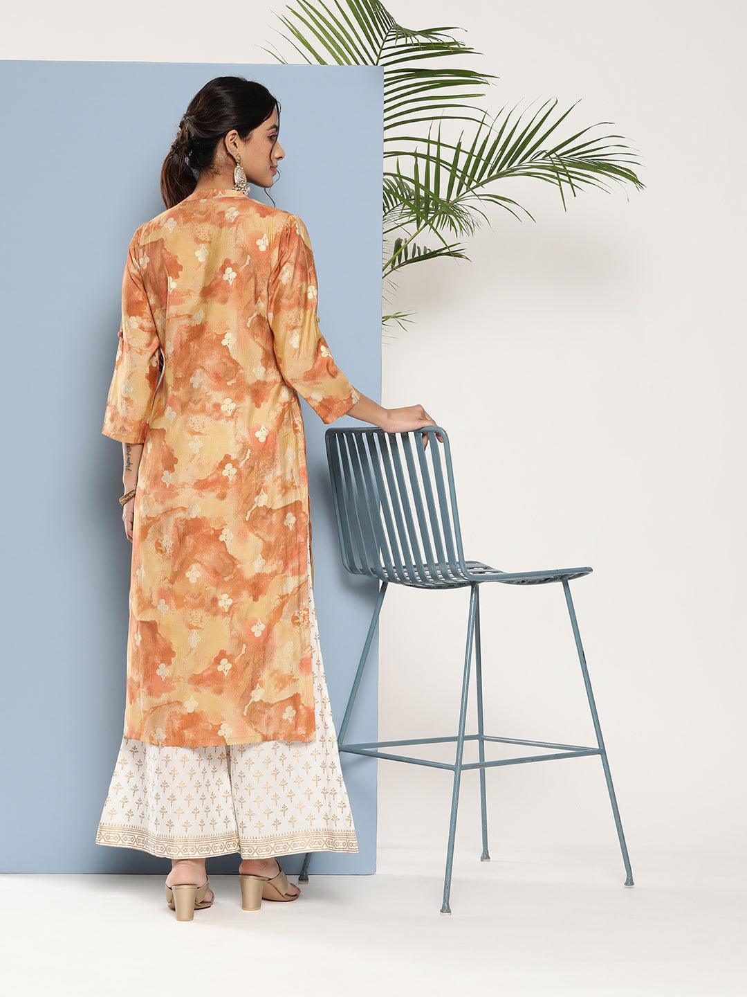 Brown Printed Silk Straight Kurta